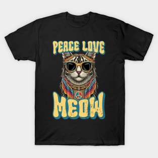 Peace Love Meow, Retro Groovy Style Hippie Cat Lover Design T-Shirt